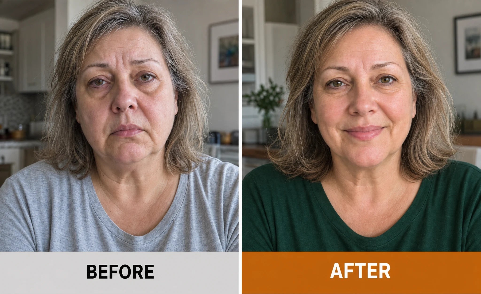 Before and after portraits of Linda: weary on the left, smiling on the right