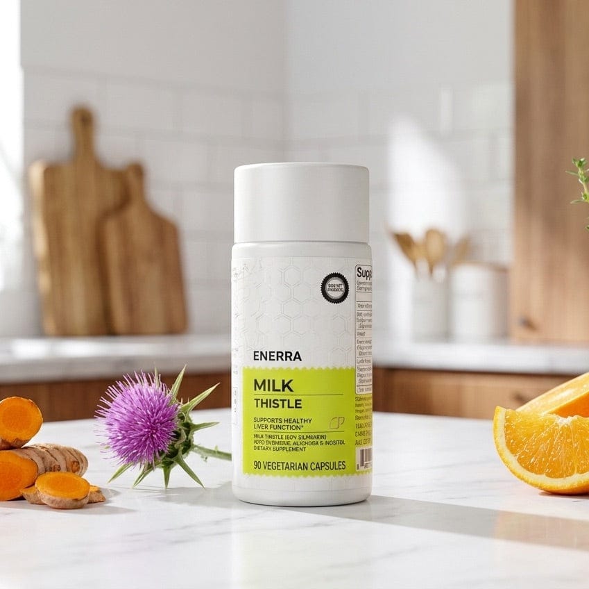 Enerra Milk Thistle — cardo mariano, cúrcuma y naranja sobre una encimera