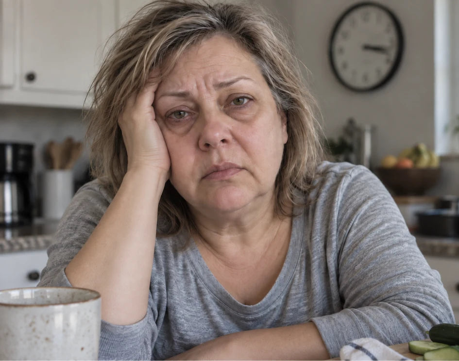 Linda at the kitchen table with a cup of coffee