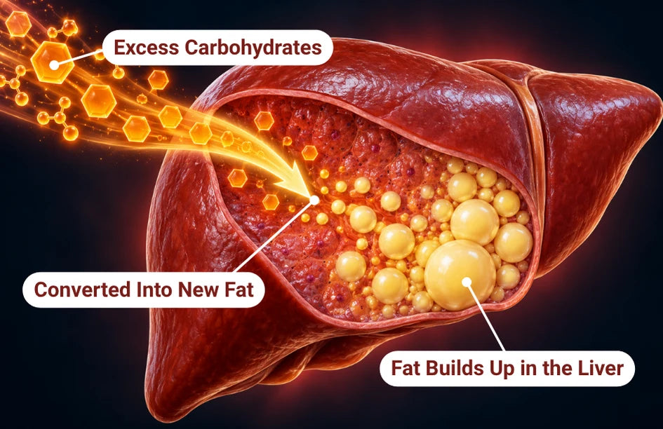 Illustration of excess carbohydrates being converted to fat in the liver