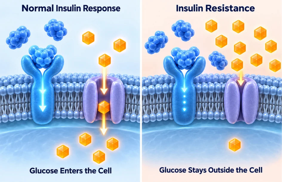 Diagram comparing normal insulin response and insulin resistance