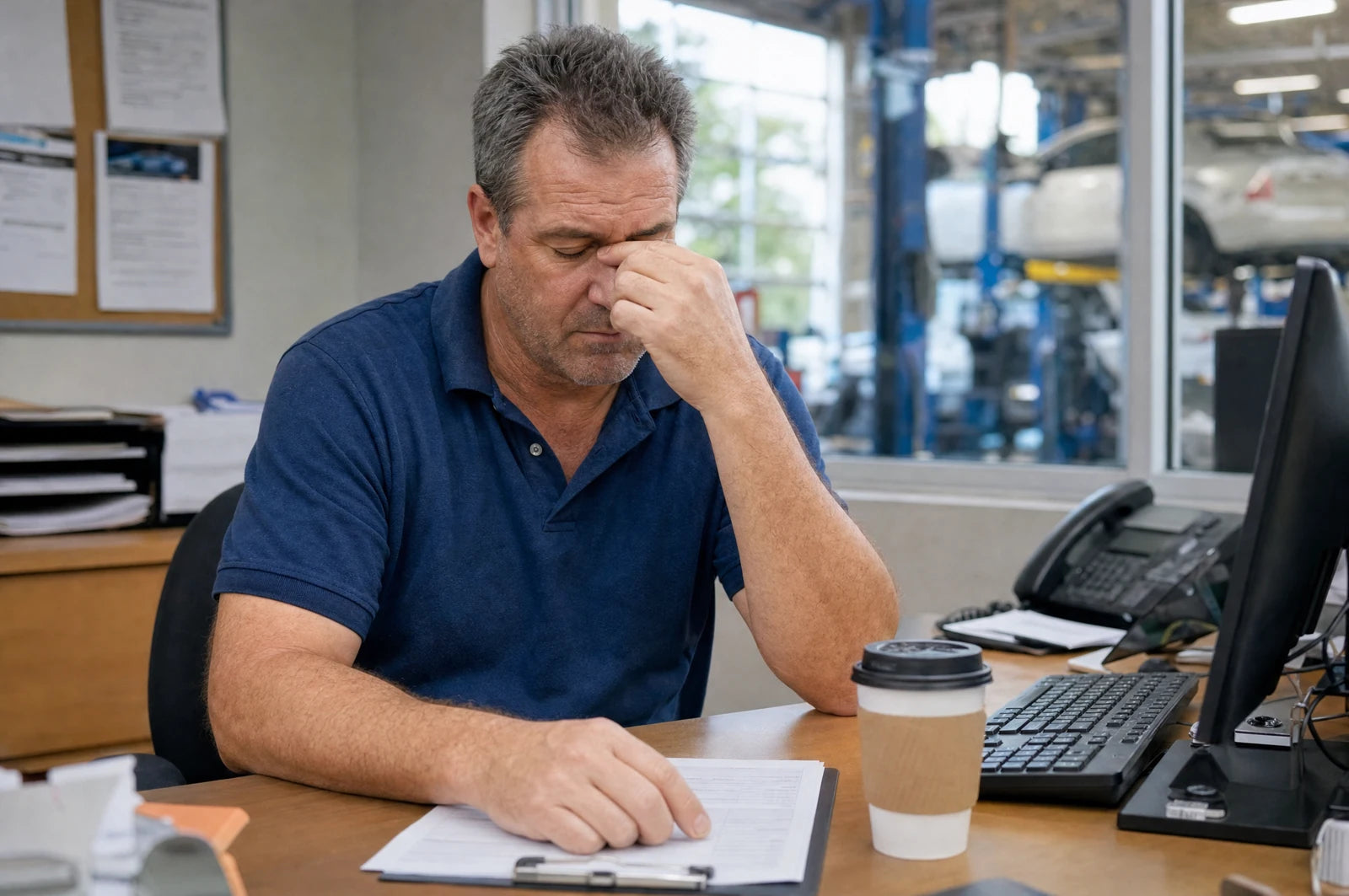 David pauses over paperwork at the service desk